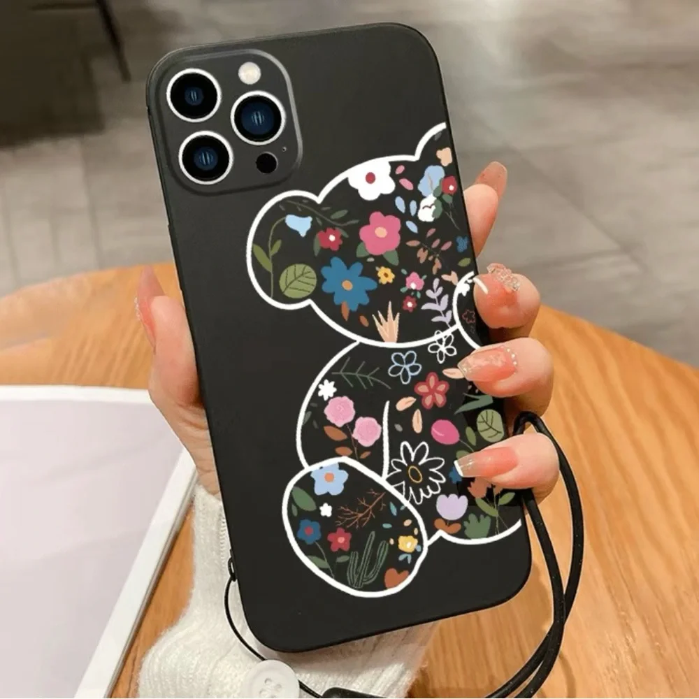 Brand New Gorgeous Floral Bear Phone Case with Lanyard for iPhone 14 Pro Max